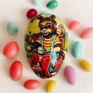 Vintage West Germany Paper Mache Easter Egg Candy Container Rabbit Bike 4" VG